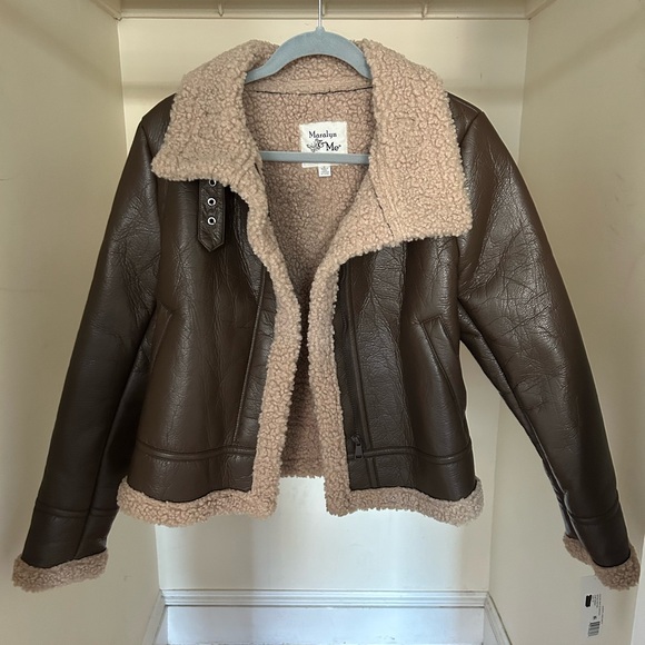 Sherpa-lined Faux-leather Brown Moto Jacket - Picture 2 of 8
